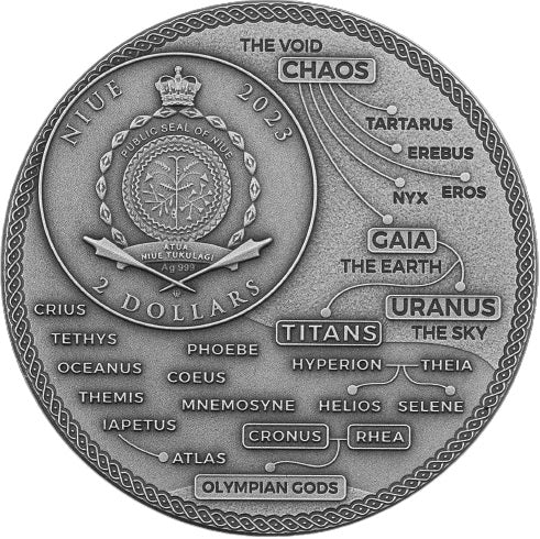 Niue 2023 $2 HELIOS Greek Titans 2oz Antique Silver Coin Obverse