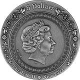 The antique-finish silver obverse of a 2022 Niue 5-dollar coin. It displays the right-facing, crowned profile of Queen Elizabeth II, designed by Ian Rank-Broadley. The effigy is encircled by the inscriptions 'ELIZABETH II', 'NIUE', '5 DOLLARS', and '2022'.