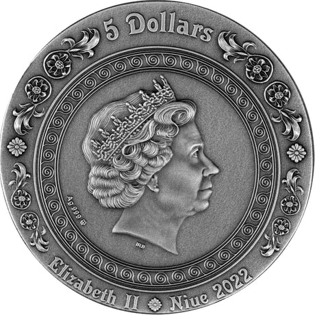 The antique-finish silver obverse of a 2022 Niue 5-dollar coin. It displays the right-facing, crowned profile of Queen Elizabeth II, designed by Ian Rank-Broadley. The effigy is encircled by the inscriptions 'ELIZABETH II', 'NIUE', '5 DOLLARS', and '2022'.