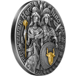 Angled product photograph of the 2022 Niue Hera and Juno 2 oz silver coin, showcasing its thick profile and smooth, unreeded rim.