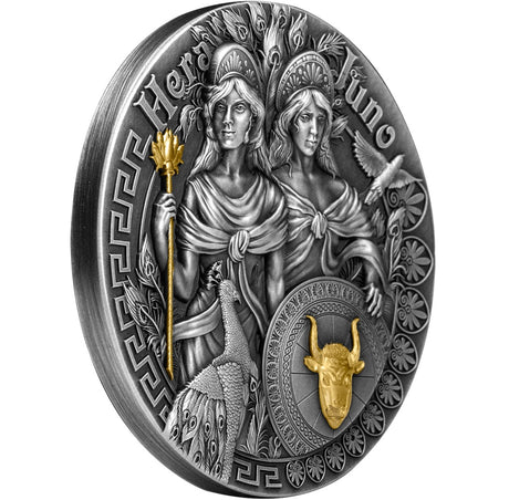 Angled product photograph of the 2022 Niue Hera and Juno 2 oz silver coin, showcasing its thick profile and smooth, unreeded rim.