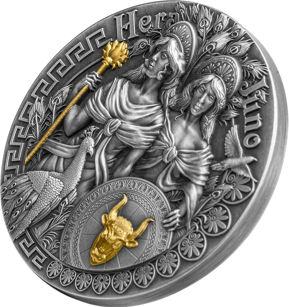 n angled close-up view of the 2 oz antique silver coin. The perspective emphasizes the substantial thickness of the coin's edge, revealing a completely smooth, matte-finish rim without any reeding or lettering