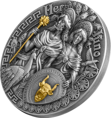 n angled close-up view of the 2 oz antique silver coin. The perspective emphasizes the substantial thickness of the coin's edge, revealing a completely smooth, matte-finish rim without any reeding or lettering