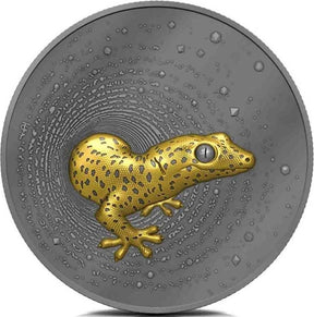 Cameroon 2023 2000 Francs CFA HERPETON GECKO Dark Gilded Ultra High Relief 2 Oz .9999 Silver Coin Reverse