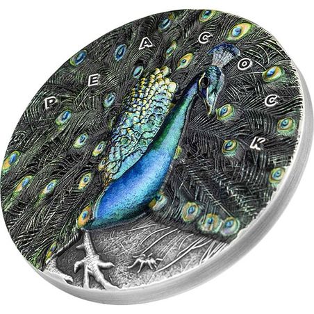 Niue 2022 $7 Peacock - Amazing Animals 3 Oz Coloured Antique Silver Coin