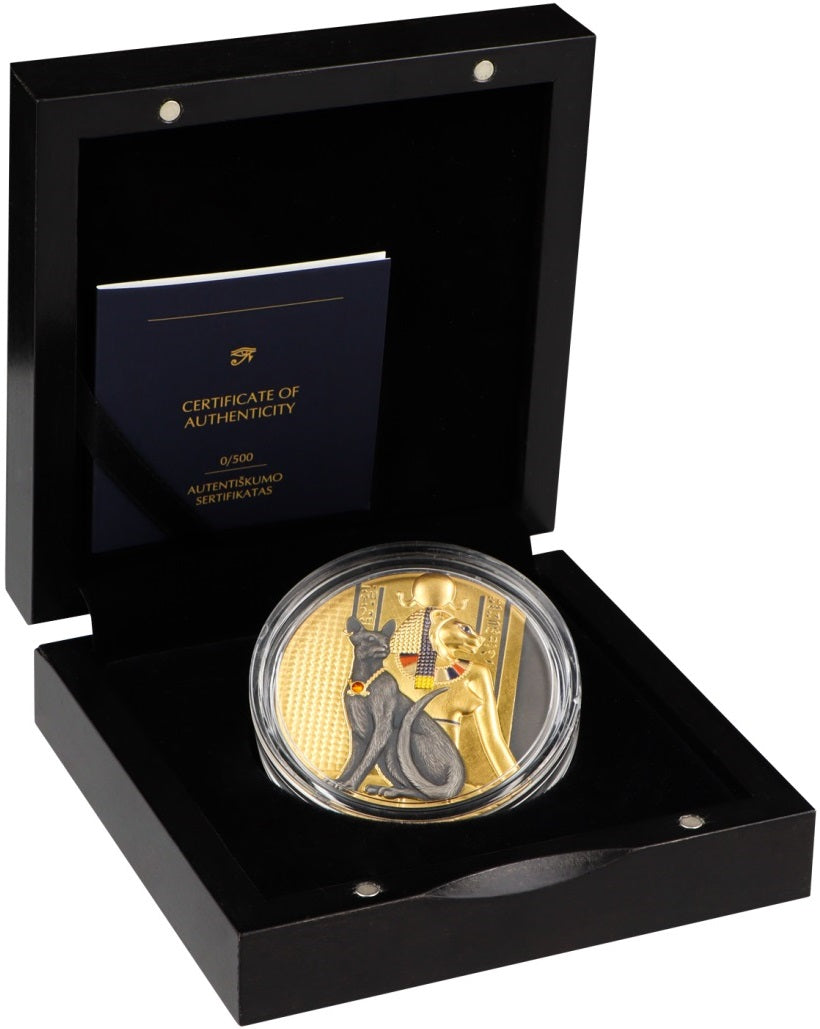 Thematic black presentation box for the "Lady Flame" Sekhmet silver coin, featuring stylized red and gold fire graphics and typography.