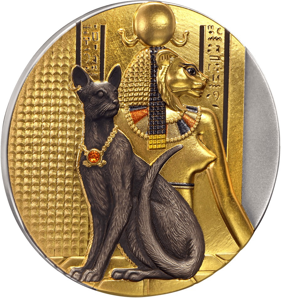 Reverse side of the 2023 Niue "Lady Flame" Sekhmet 2 oz silver coin, showcasing high-relief antiqued details, selective gold plating, and a red Swarovski crystal on a cat's collar.