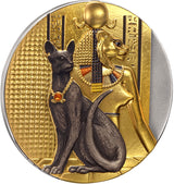 Reverse side of the 2023 Niue "Lady Flame" Sekhmet 2 oz silver coin, showcasing high-relief antiqued details, selective gold plating, and a red Swarovski crystal on a cat's collar.