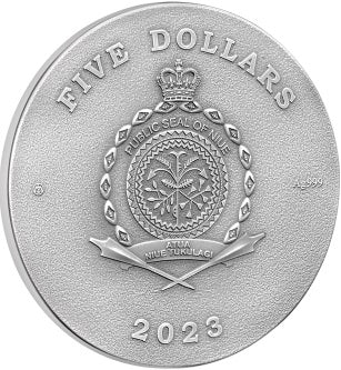 Obverse side of the 2023 Niue "Lady Flame" 2 oz silver coin, showing the official Niue Public Seal surrounded by an antiqued hieroglyphic pattern.