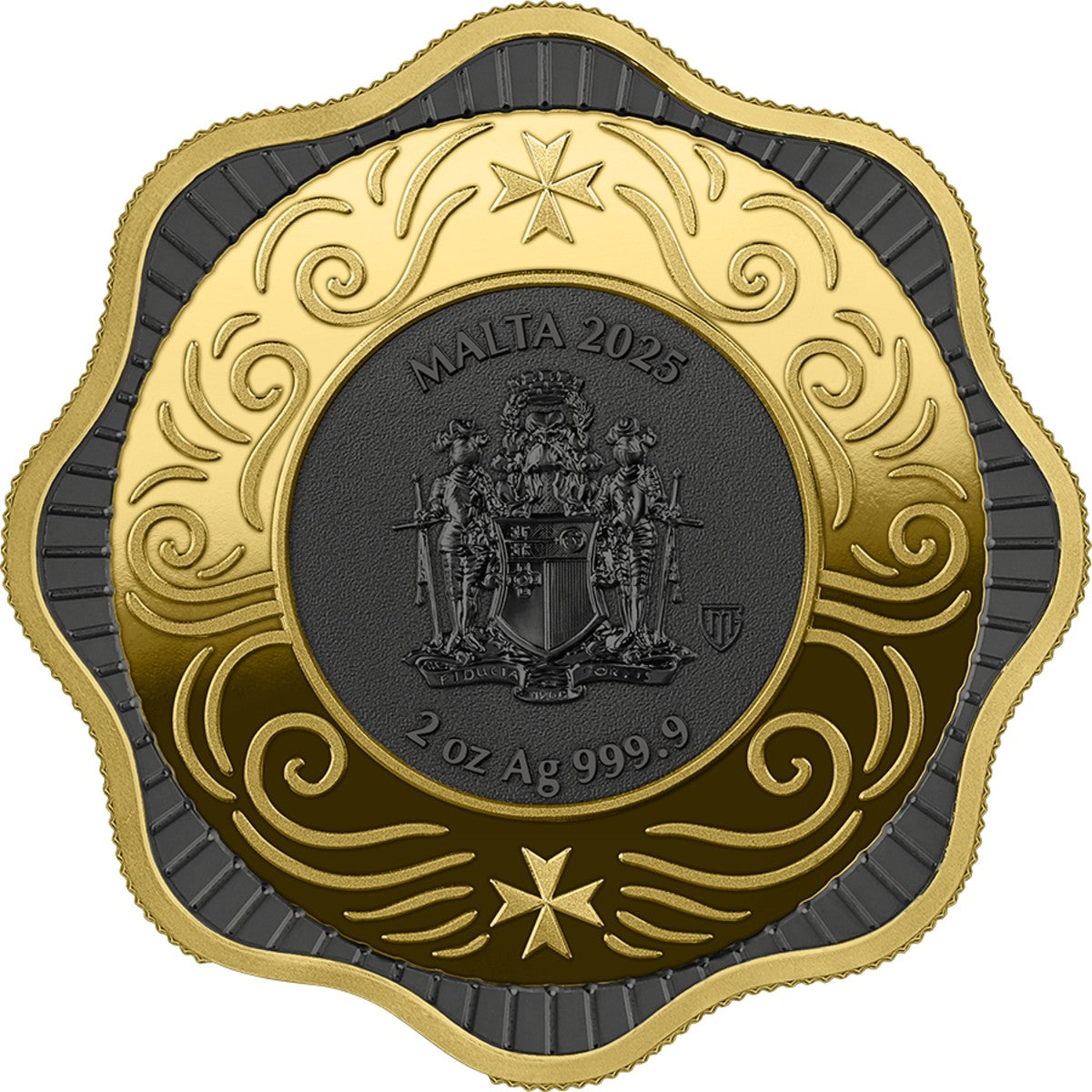A Malta 2025 2 oz silver coin with a gold and dark gray design, featuring the Maltese coat of arms and Maltese cross on a white background.