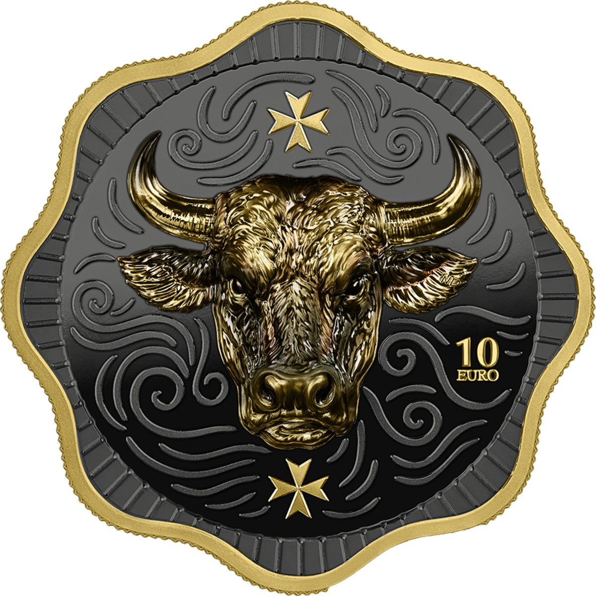 A 10 Euro bull coin featuring a detailed gold bull head on a black and gold background with Maltese cross motifs and a scalloped gold border.