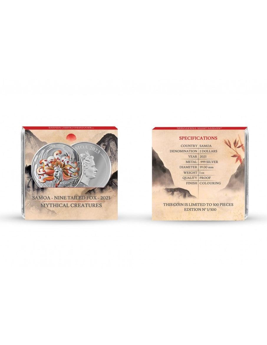 Samoa 2023 $2 NINE TAILED FOX Mythical Creatures 1 Oz Coloured Silver Coin