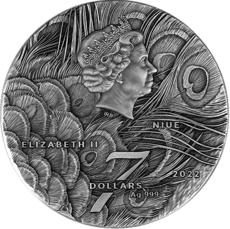 Niue 2022 $7 Peacock - Amazing Animals 3 Oz Coloured Antique Silver Coin