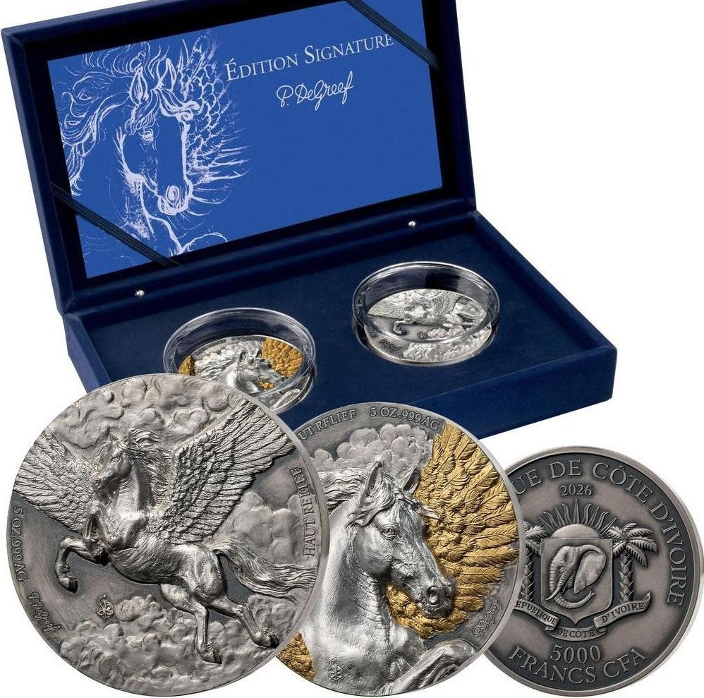 A Pegasus-themed collectible coin set displayed with its blue presentation box. The set includes three silver coins with detailed embossed designs of Pegasus, a horse head, and a coin with gold-toned accents, shown in front of an open blue box with 'Edition Signature PédGraf' printed inside.