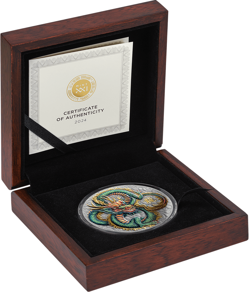 Niue 2024 $10 POWER OF GREEN DRAGON 5 oz .999 Coloured Antique Silver Coin