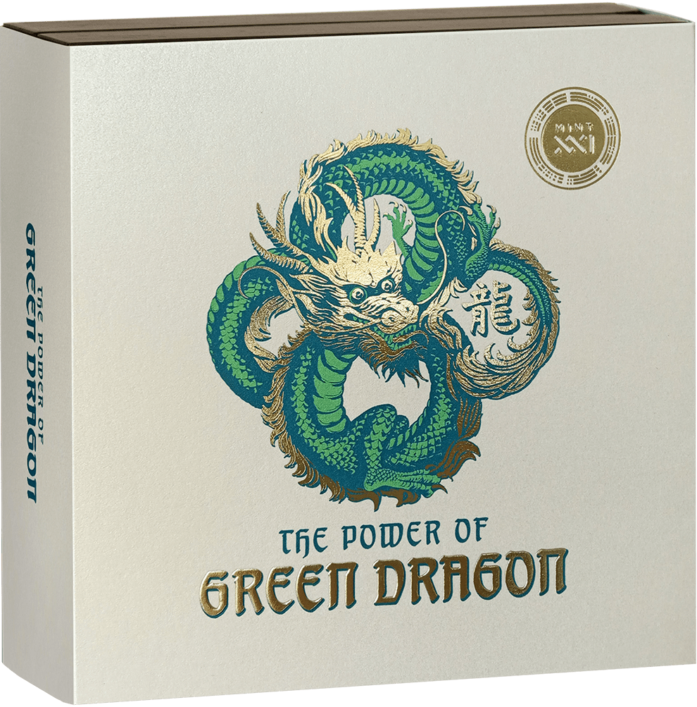 Niue 2024 $10 POWER OF GREEN DRAGON 5 oz .999 Coloured Antique Silver Coin