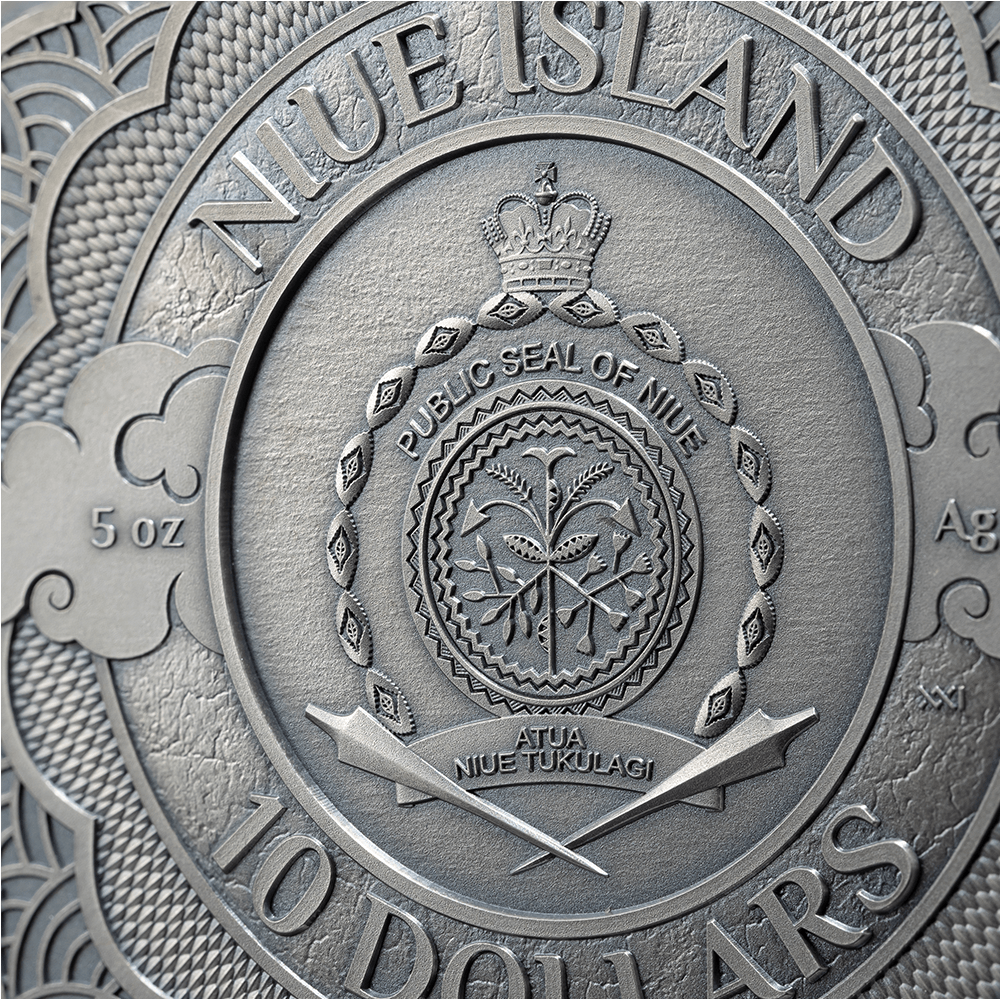 Niue 2024 $10 POWER OF GREEN DRAGON 5 oz .999 Coloured Antique Silver Coin