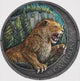 A video of a  circular antique silver coin featuring a detailed illustration of a cave lion in a forest, with the words 'CAVE LION' engraved on the right side, set against a dark blue textured background.
