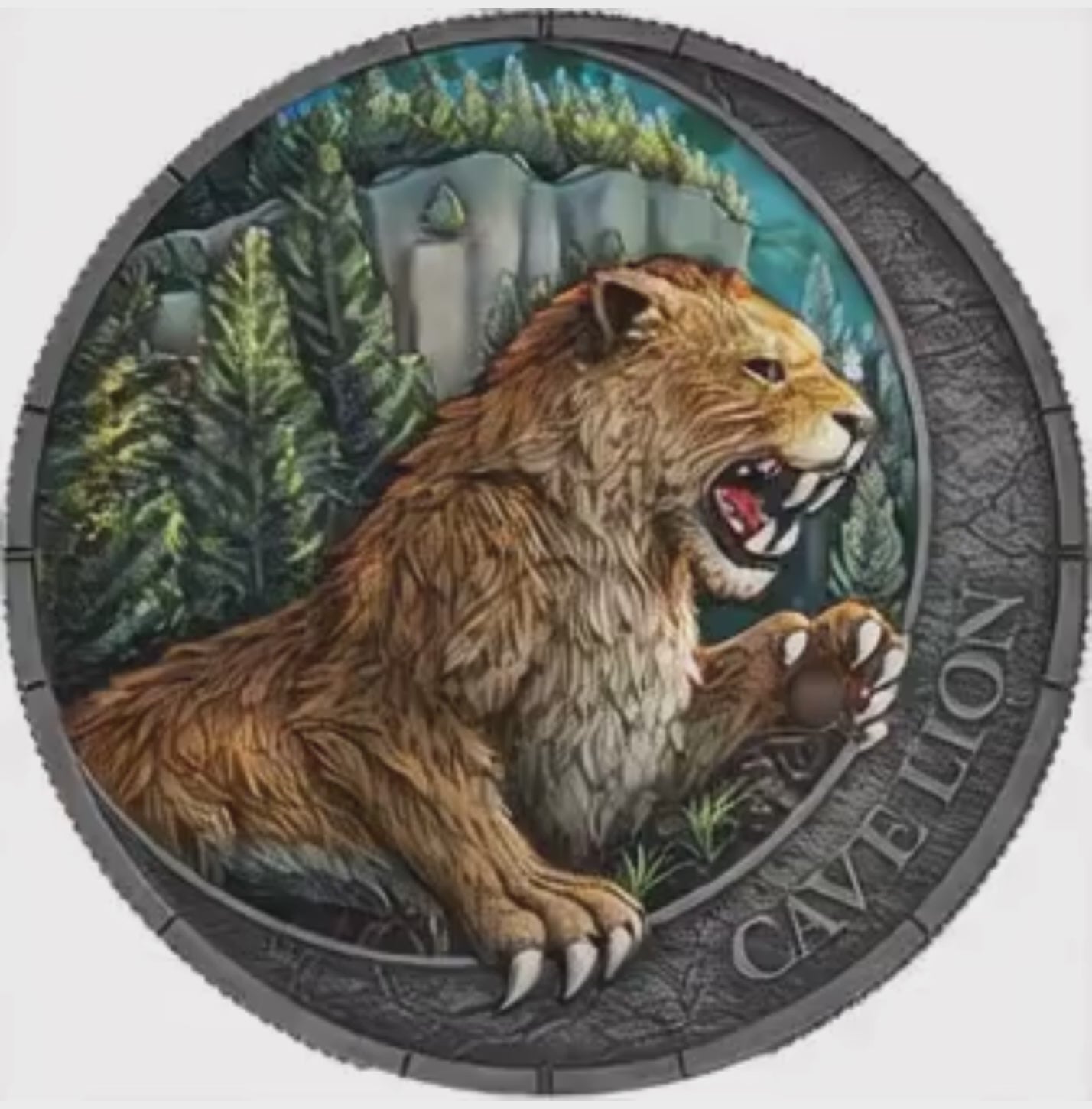 A video of a  circular antique silver coin featuring a detailed illustration of a cave lion in a forest, with the words 'CAVE LION' engraved on the right side, set against a dark blue textured background.