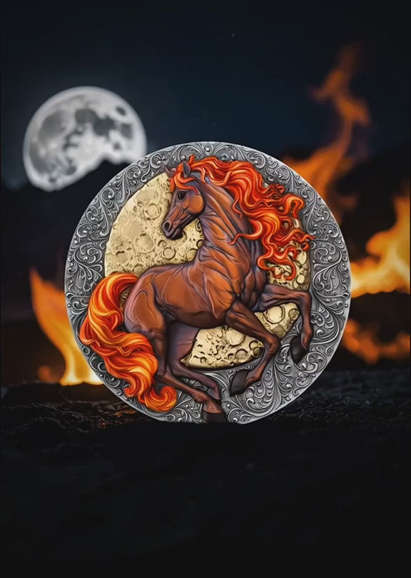 Video of Niue 2026 $5 Fire Horse: Lunar Years Series with Black Diamond  2oz .999 High Relief Antique Silver Coin - FORTYMILLION