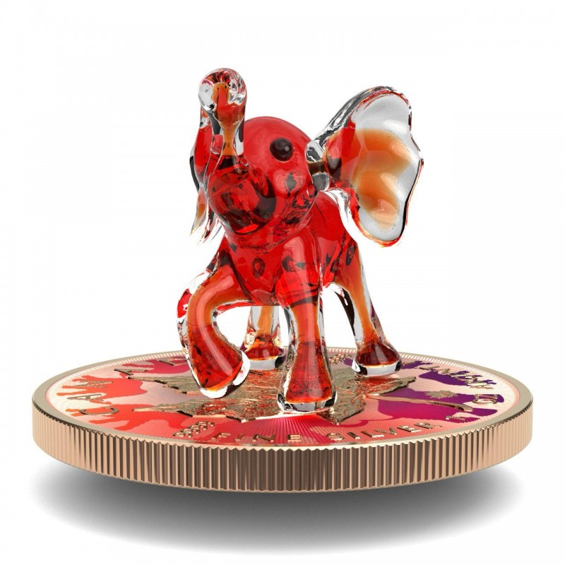 Canada 2022 $5 RED ELEPHANT Murano Glass Series Maple Leaf 1 oz .9999 Colourised Silver