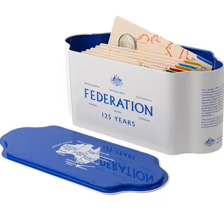 Container with 'Federation 125 Years' text and a blue lid featuring a map design.