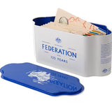 Container with 'Federation 125 Years' text and a blue lid featuring a map design.