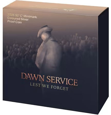 Box for a 2016 S2 C Mintmark Coloured Silver Proof Coin titled 'Dawn Service Lest We Forget'.