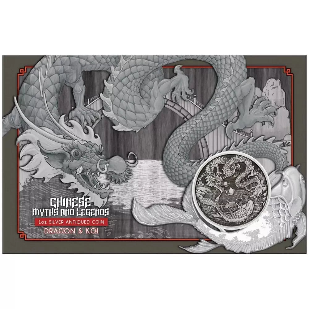 Australia 2023 $1 Chinese Myths and Legends Dragon and Koi 1oz  .9999 Silver Antiqued Coin in Card