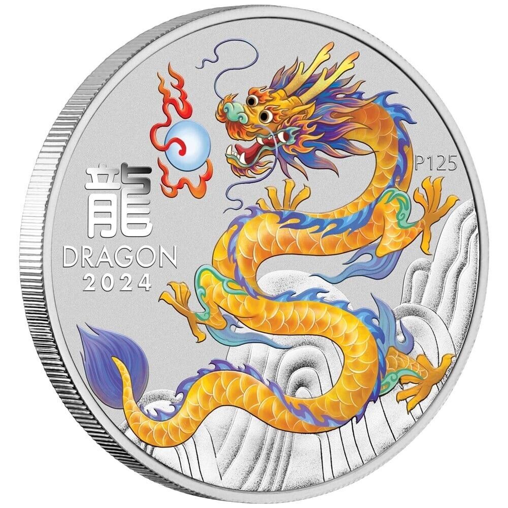 Australia 2024 Lunar Series III $1 Year of the Dragon ANDA Melbourne Money Expo Yellow 1oz .9999 Silver Coin in Card Perth Mint