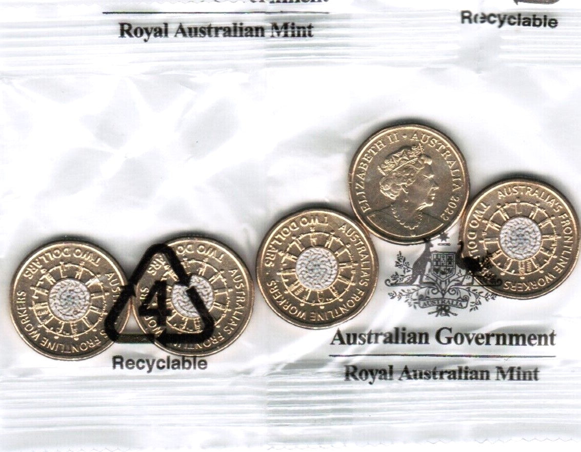Australia 2022 $2 Frontline Workers Coloured Uncirculated Sealed Royal Australian Mint Bag of 5 Coins