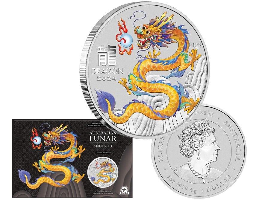 Australia 2024 Lunar Series III $1 Year of the Dragon ANDA Melbourne Money Expo Yellow 1oz .9999 Silver Coin in Card Perth Mint