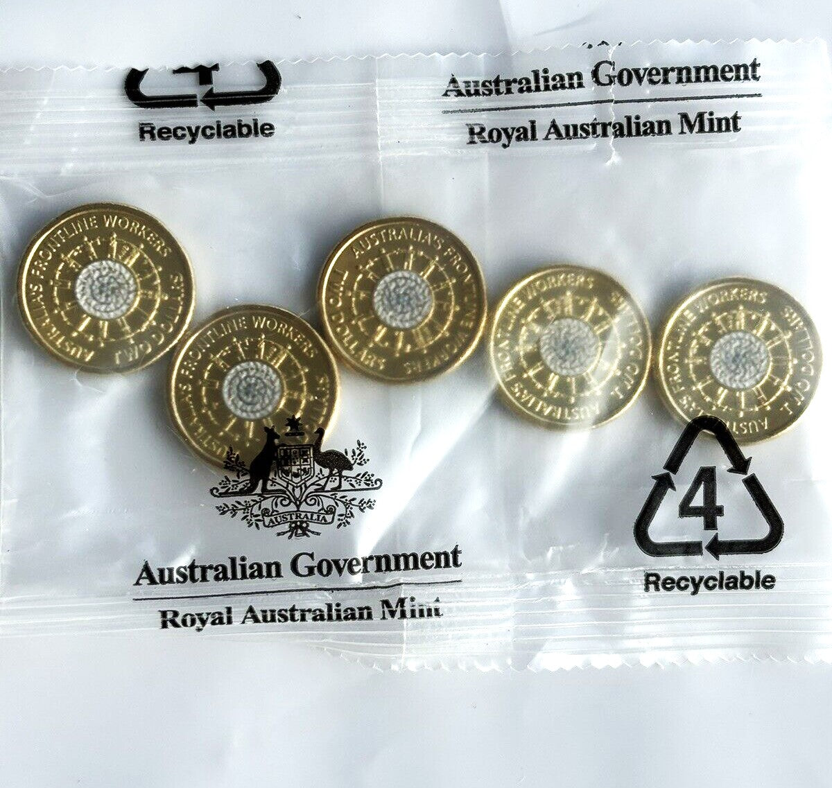 Australia 2022 $2 Frontline Workers Coloured Uncirculated Sealed Royal Australian Mint Bag of 5 Coins