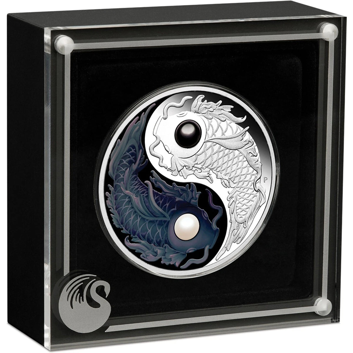 Silver coin with dragon and phoenix design in a black display case