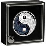 Silver coin with dragon and phoenix design in a black display case