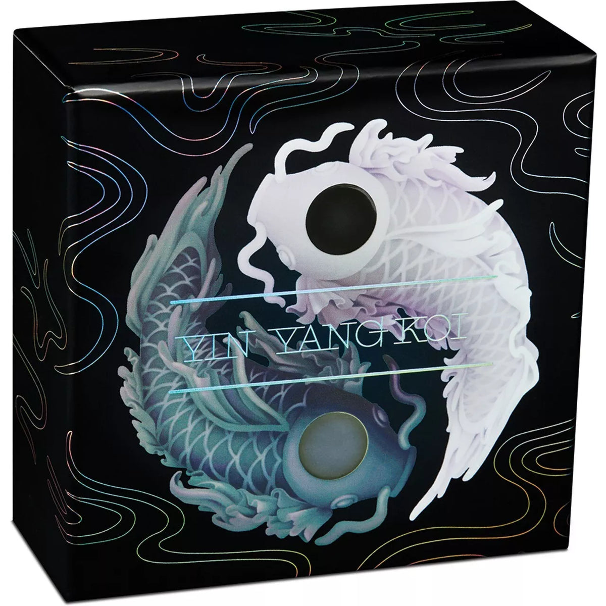 Product packaging with Yin and Yang design on a black background