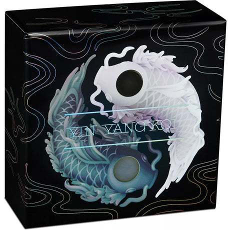 Product packaging with Yin and Yang design on a black background