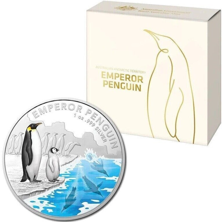 Australia 2023 $5 Australia Antarctic Territory Emperor Penguin Coloured 1oz Silver Proof Coin