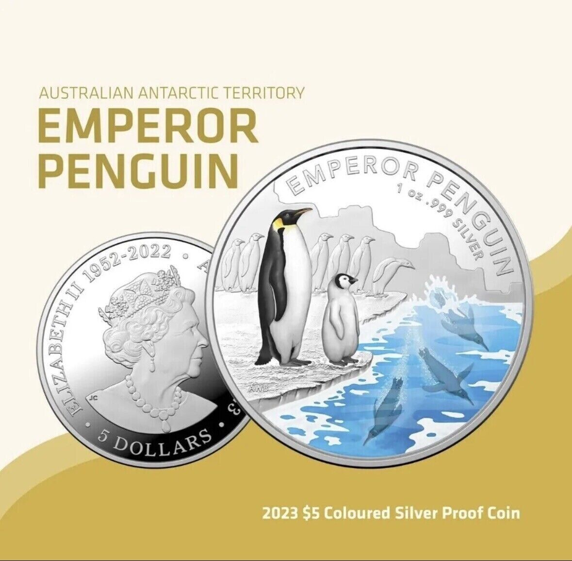 Australia 2023 $5 Australia Antarctic Territory Emperor Penguin Coloured 1oz Silver Proof Coin