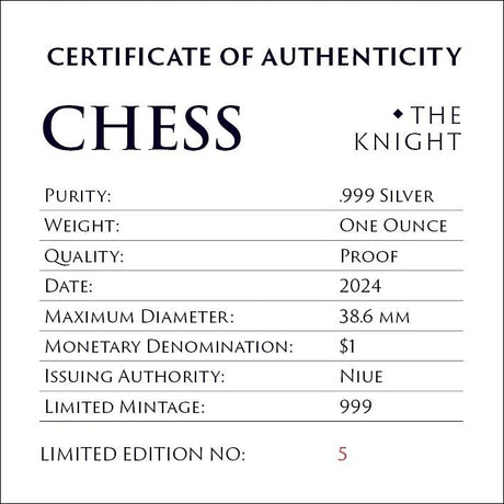Niue 2024 $1 Chess Knight Armored Horse 1 Oz Pure Silver Black Proof OGP MINTAGE 999