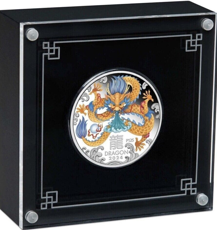 Australian Lunar Series III 2024 $1 Year of the Dragon 1oz Coloured .9999 Silver Proof Coin Display Case