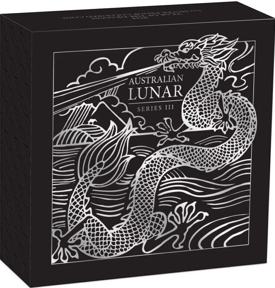 Australian Lunar Series III 2024 $1 Year of the Dragon 1oz Coloured .9999 Silver Proof Coin Box