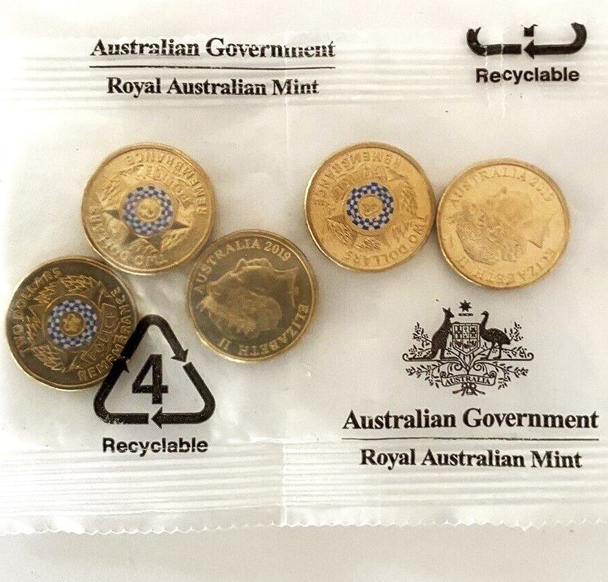 Australia 2019 $2 Police Coloured Uncirculated Sealed Royal Australian Mint Bag of 5 Coins