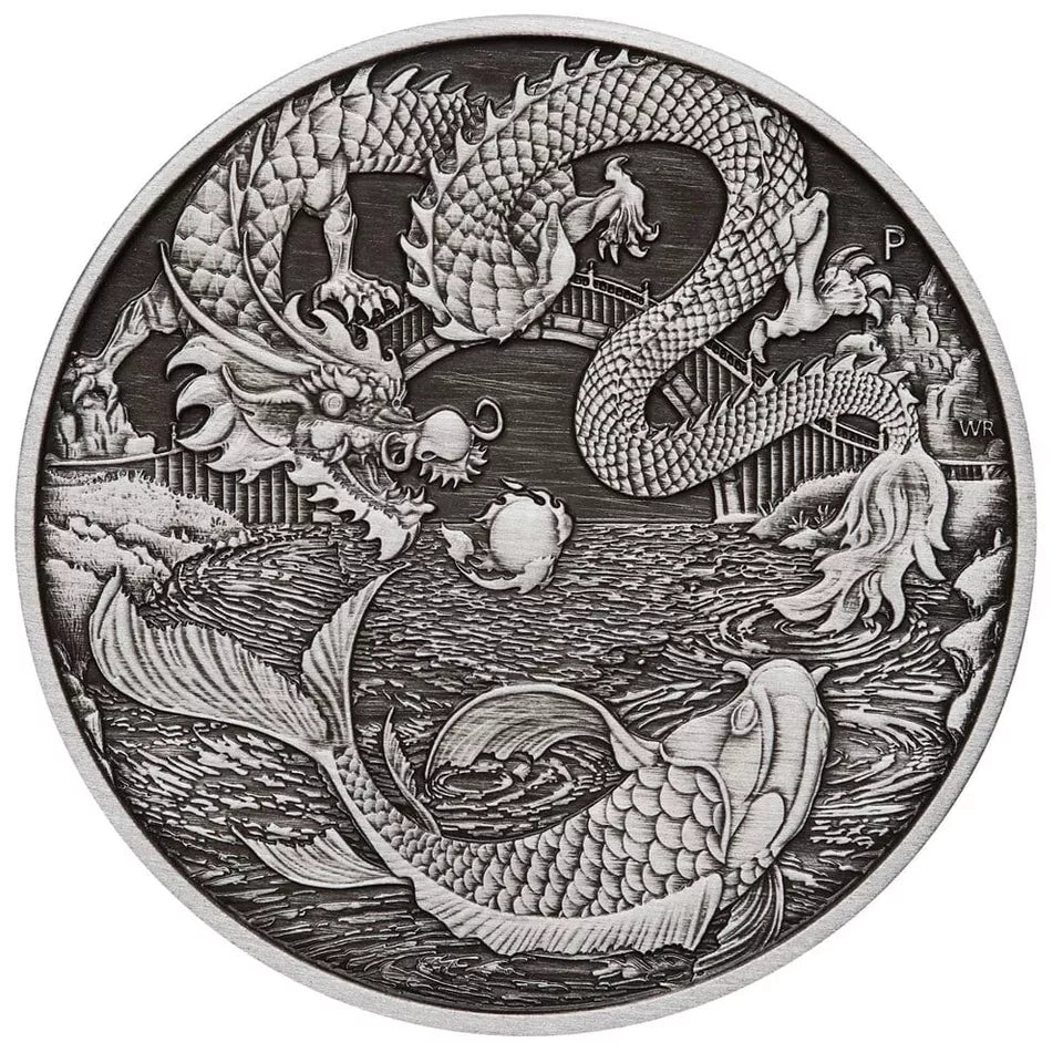 Australia 2023 $1 Chinese Myths and Legends Dragon and Koi 1oz  .9999 Silver Antiqued Coin in Card