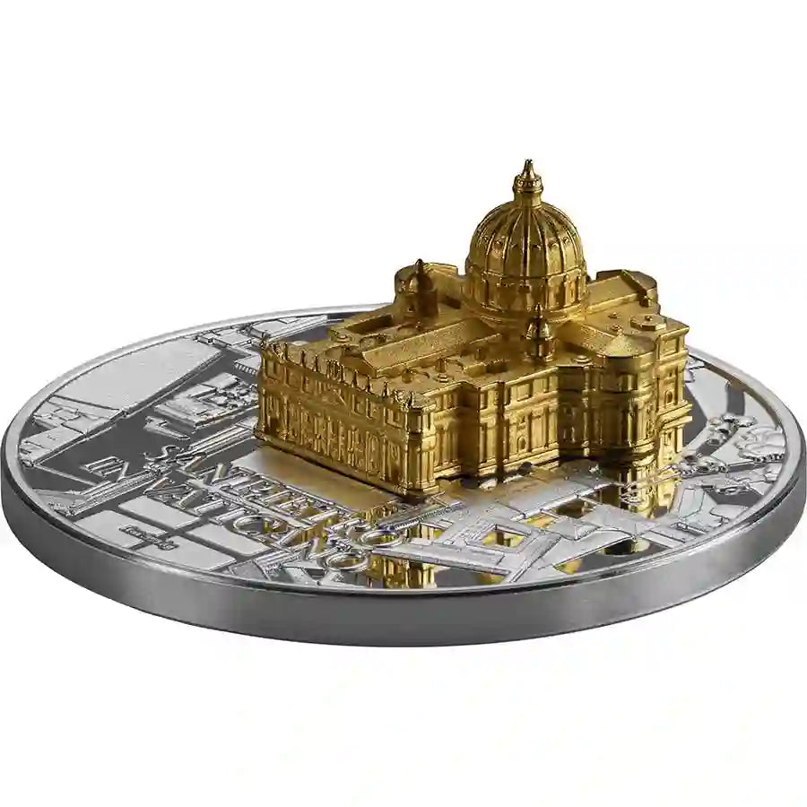Gold and silver coin with architectural design on a white background