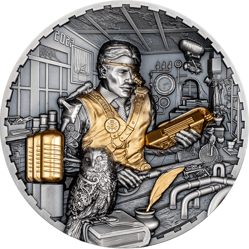 Cook Islands 2023 $20 SCIENCE LAB Steampunk 3 Oz Antique Silver Coin CIT Smartminting® Reverse