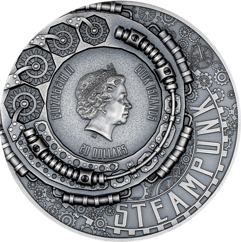Cook Islands 2023 $20 SCIENCE LAB Steampunk 3 Oz Antique Silver Coin CIT Smartminting® Obverse