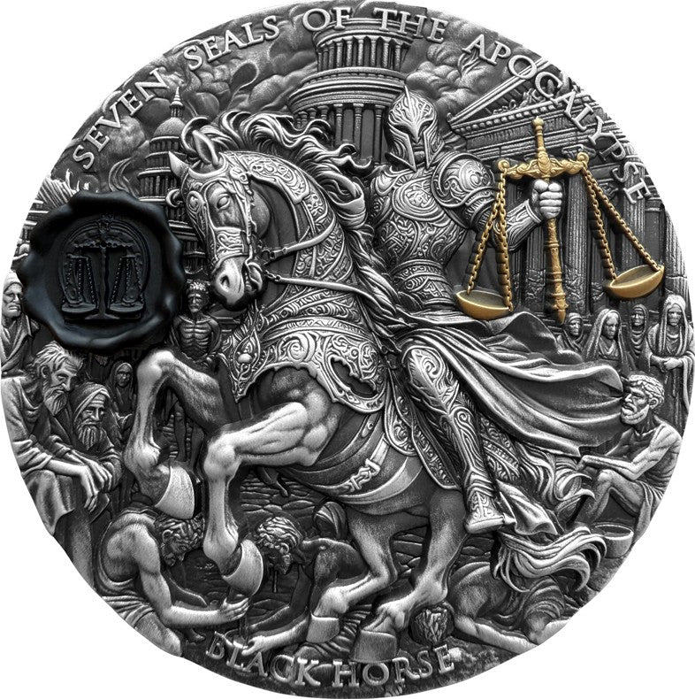 Decorative coin featuring a horseman with scales, surrounded by text and figures, on a white background. Reverse