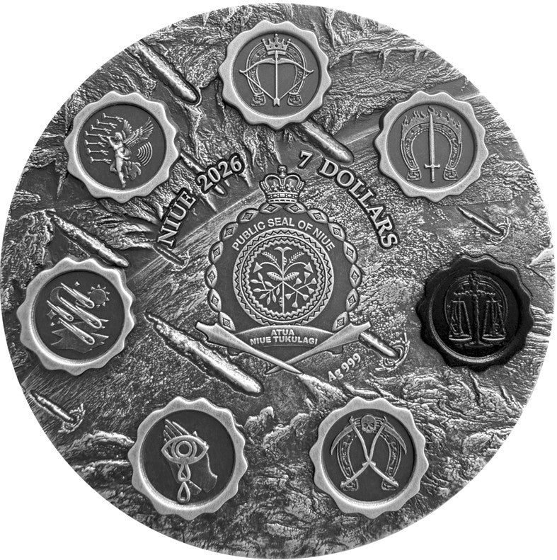 Silver coin with detailed engravings and symbols, featuring the text 'NUE 2023 7 DOLLARS'. Obverse