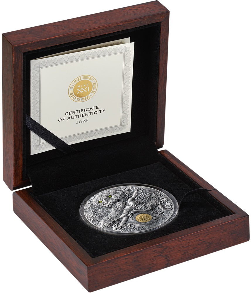 Niue 2023 $5 Shaolin Leopard Kung Fu Martial Art Styles Swarovski Crystal 2 Oz Antique Silver Coin
